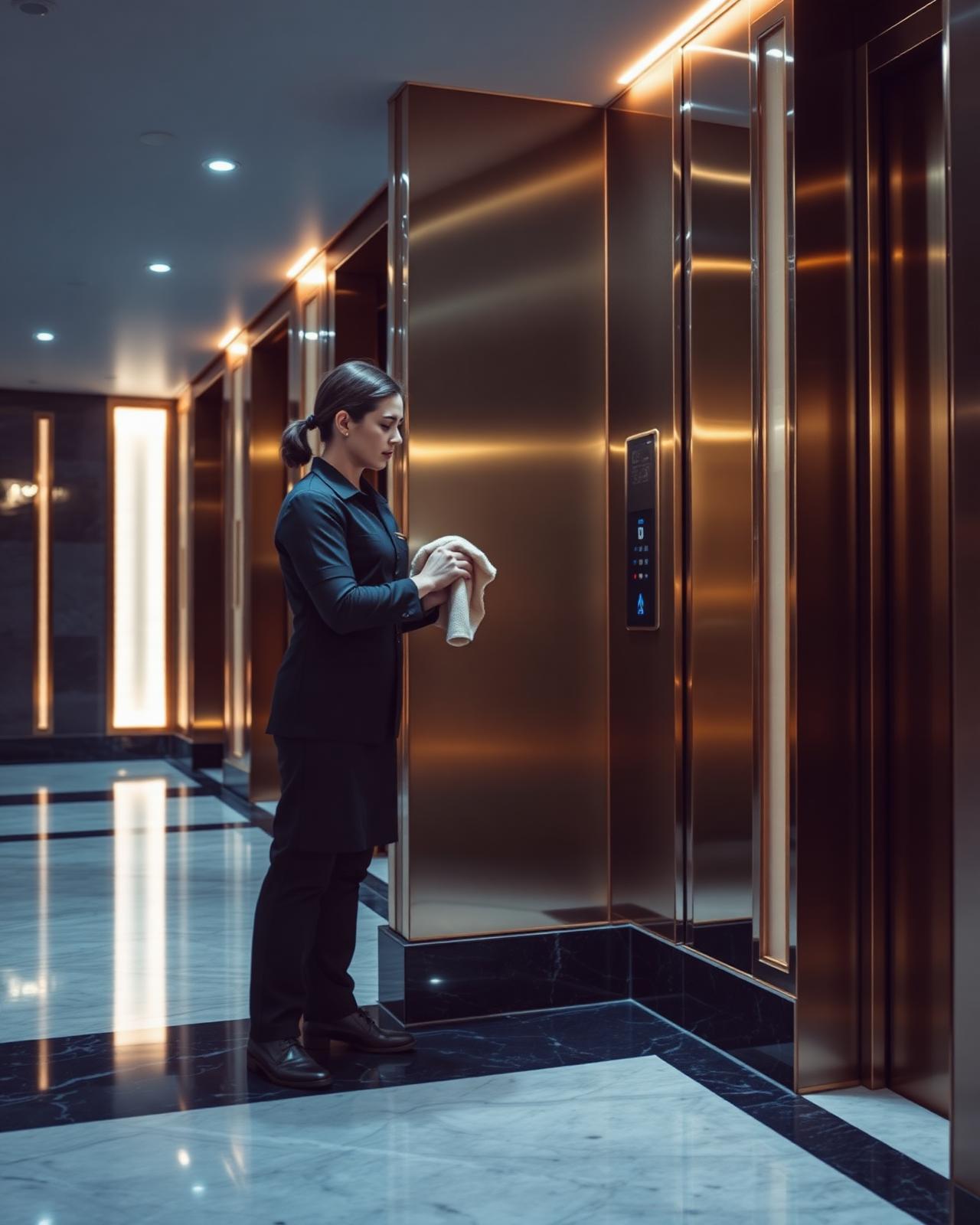 Cleaner polishing an elevator lobby