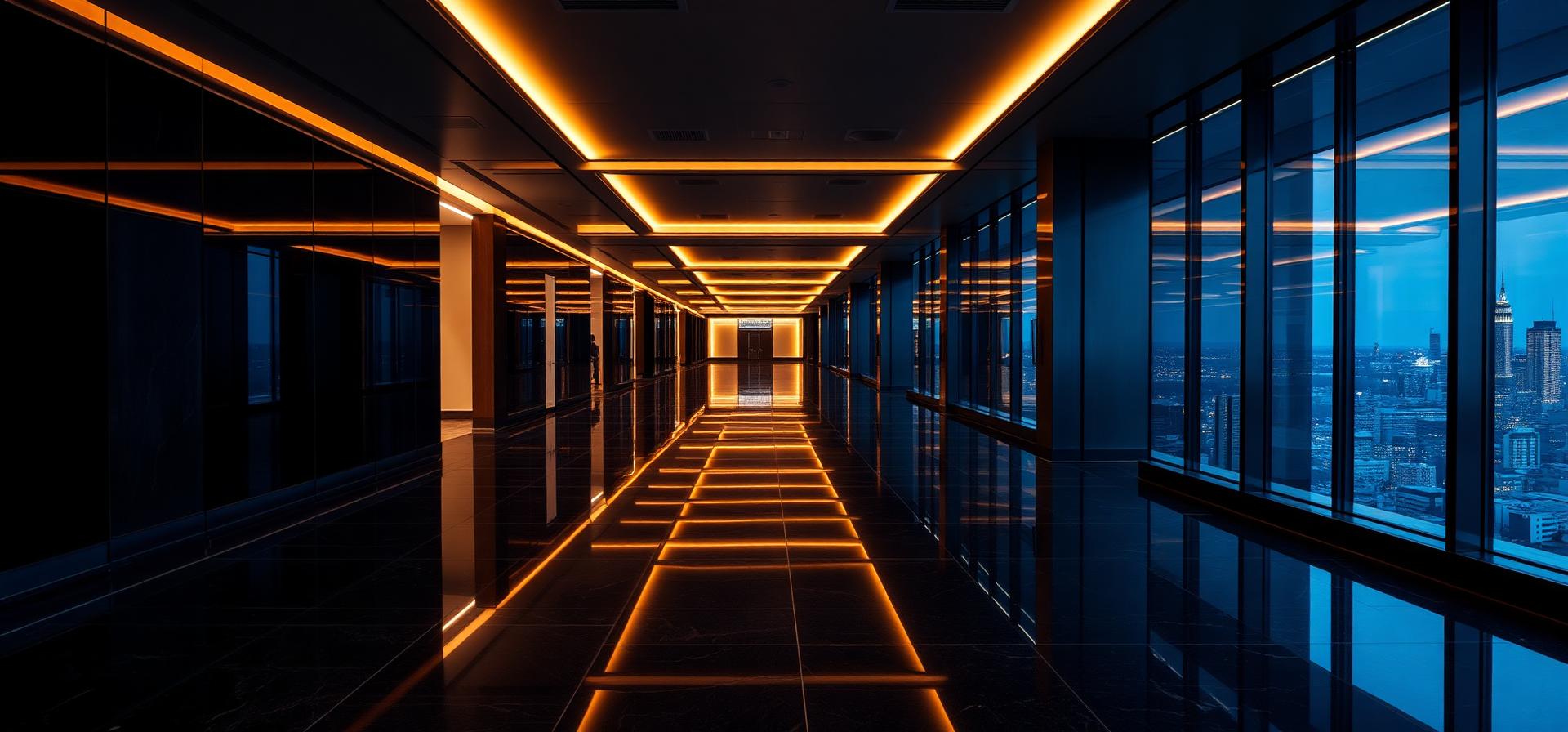 Polished luxury commercial corridor at dusk