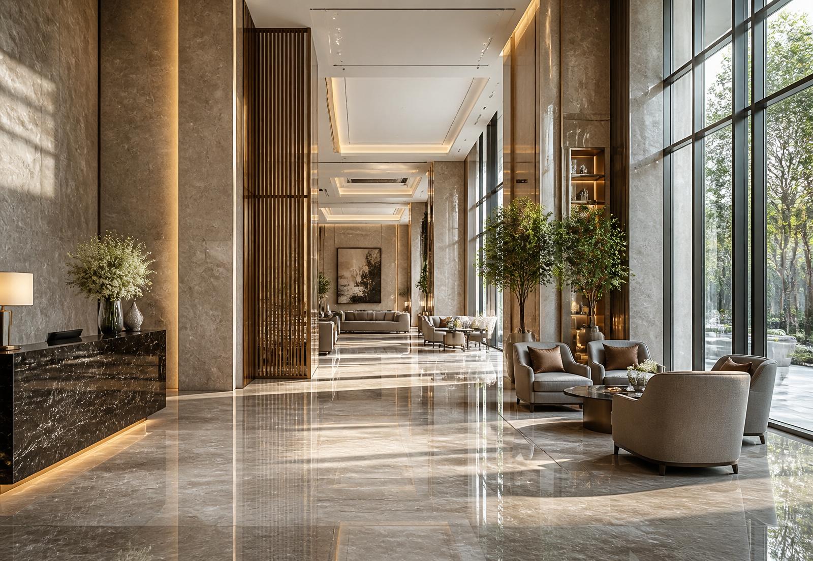 Polished marble lobby of a premium commercial building